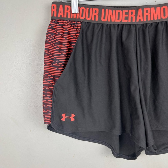 Under Armour Gray Orange Athletic Shorts Pockets Logo Travel Lounge - Picture 2 of 7